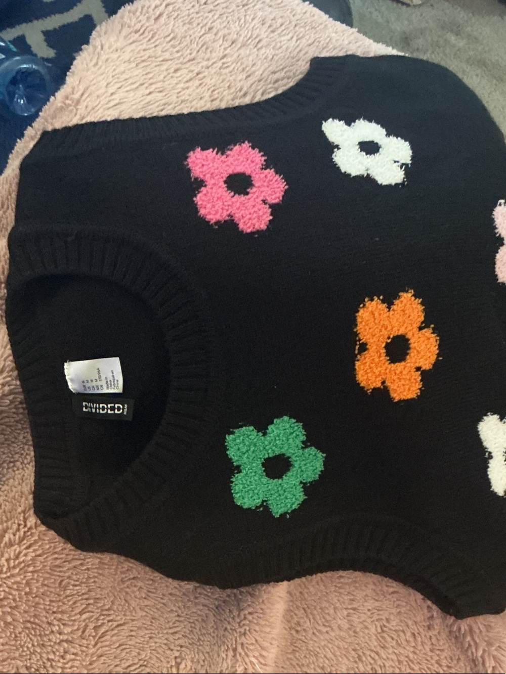 H & M Divided Black Knit Vest with Colorful Floral Patches